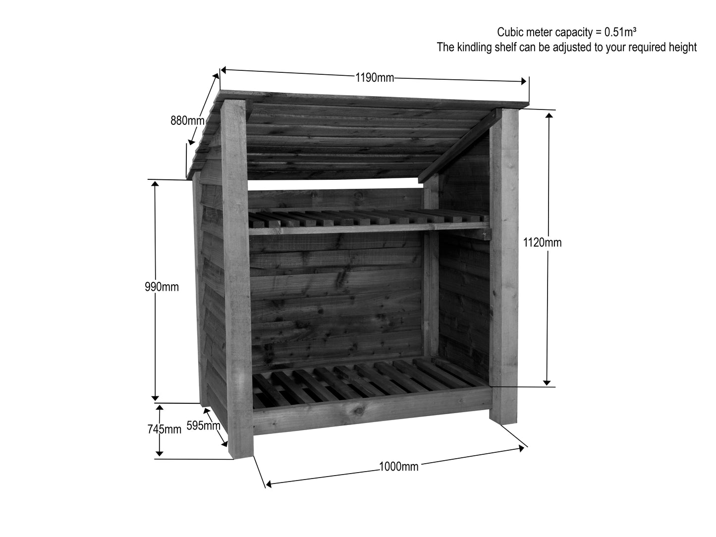 Wooden Log Store (Roof Sloping Back) with Shelf W-119cm, H-126cm Or 180cm, D-88cm