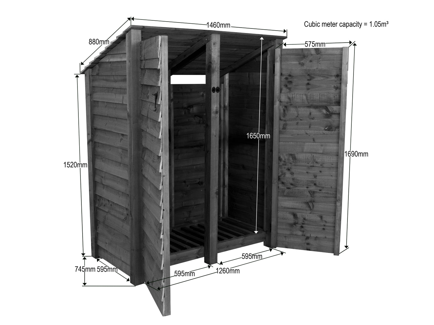 Wooden Log Store (Roof Sloping Back) with Door W-146cm, H-126cm or 180cm, D-88cm