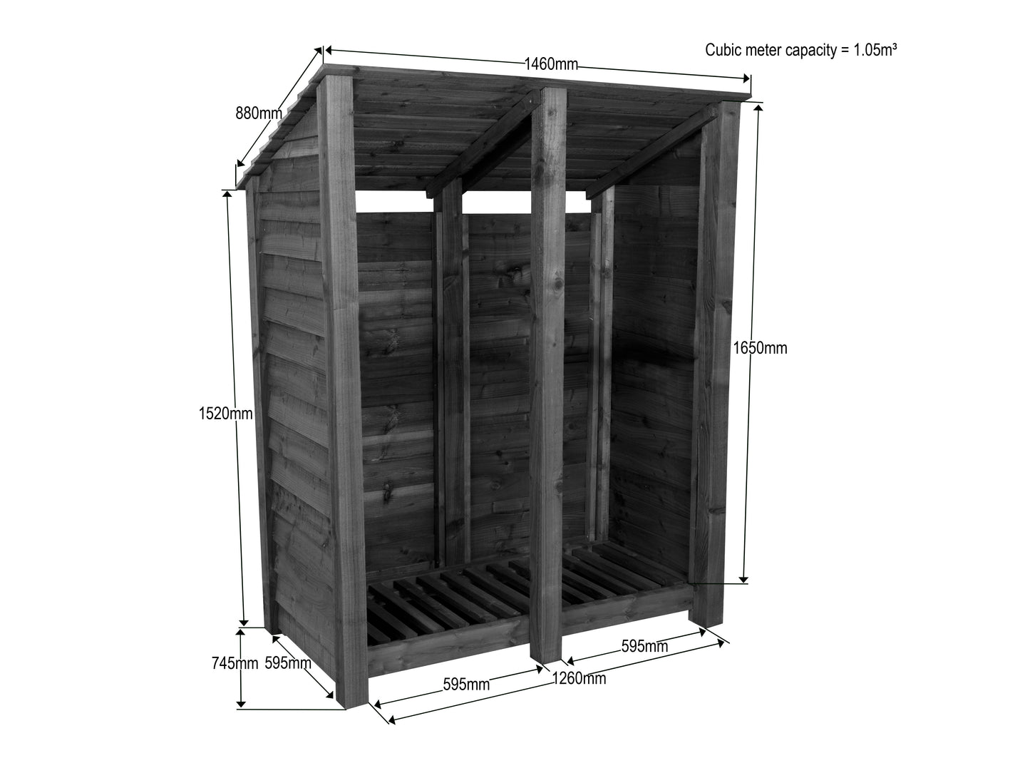 Wooden Log Store (Roof Sloping Back) W-146cm, H-126cm or 180cm, D-88cm