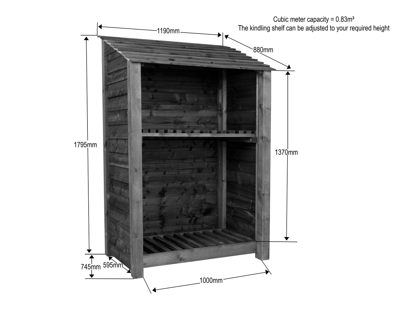 Wooden Log Store (Roof Sloping Back) with Shelf W-119cm, H-126cm or 180cm, D-88cm - Brown Finish