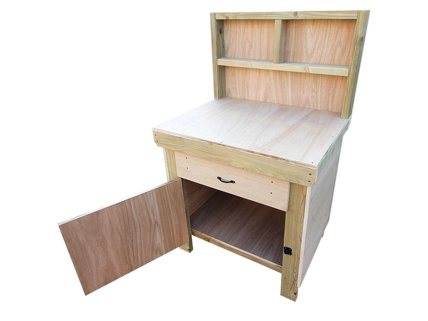 Wooden MDF top storage workbench with lockable cupboard and drawers (V.4) with back