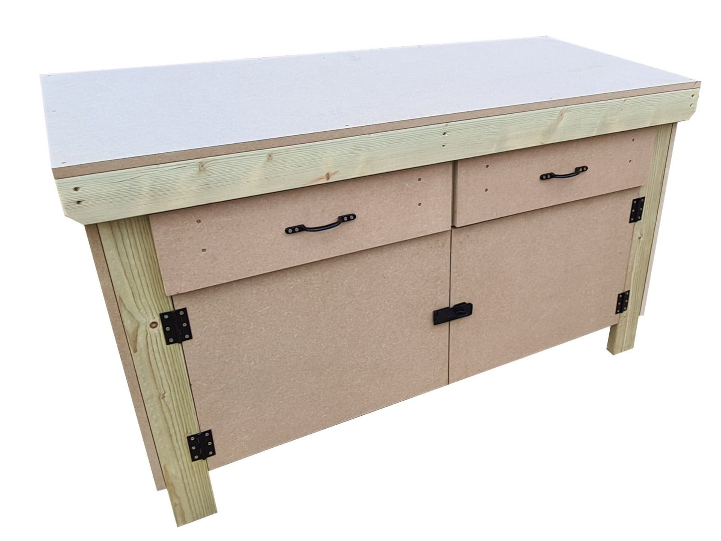 Wooden MDF top storage workbench with lockable cupboard and drawers (V.4)