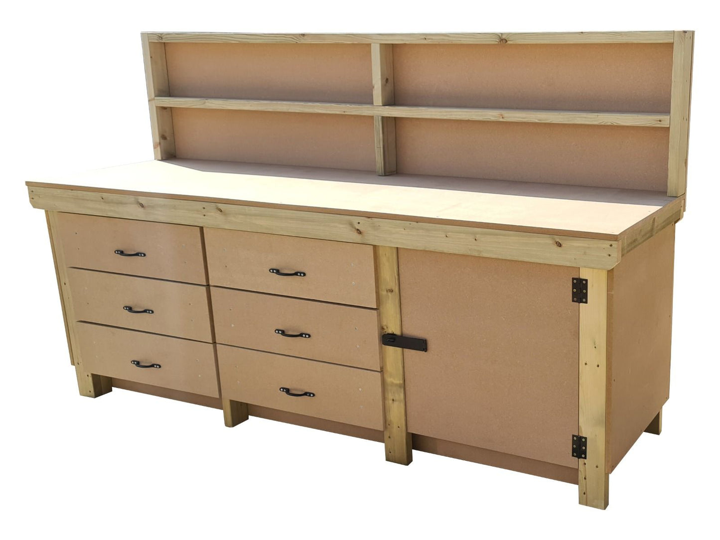 Wooden MDF top workbench, tool cabinet with lockable cupboard (V.3) with back