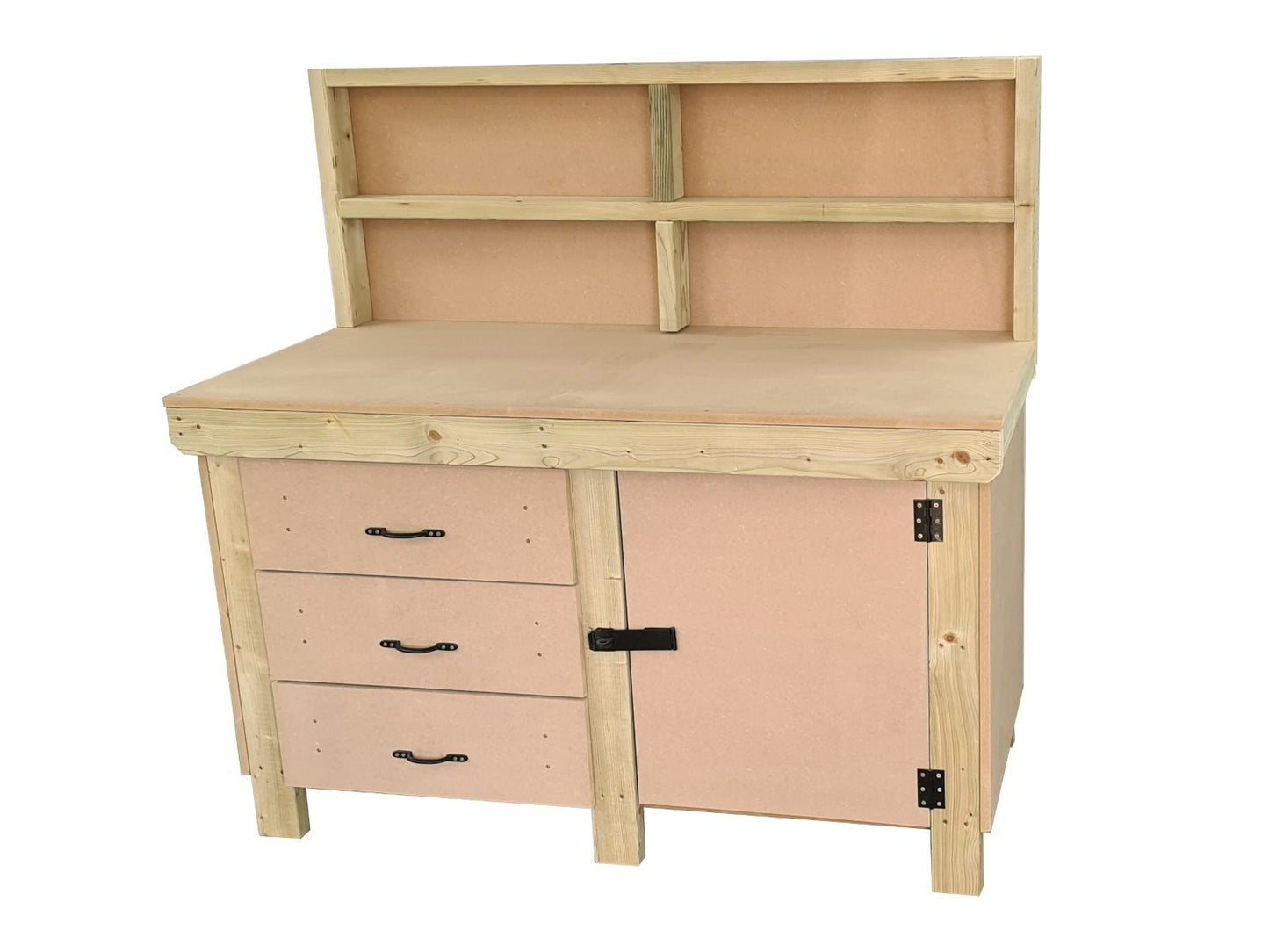 Wooden MDF top workbench, tool cabinet with lockable cupboard (V.3) with back