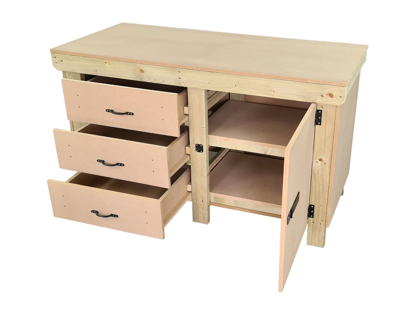 Wooden MDF top workbench, tool cabinet with lockable cupboard (V.3) double shelf