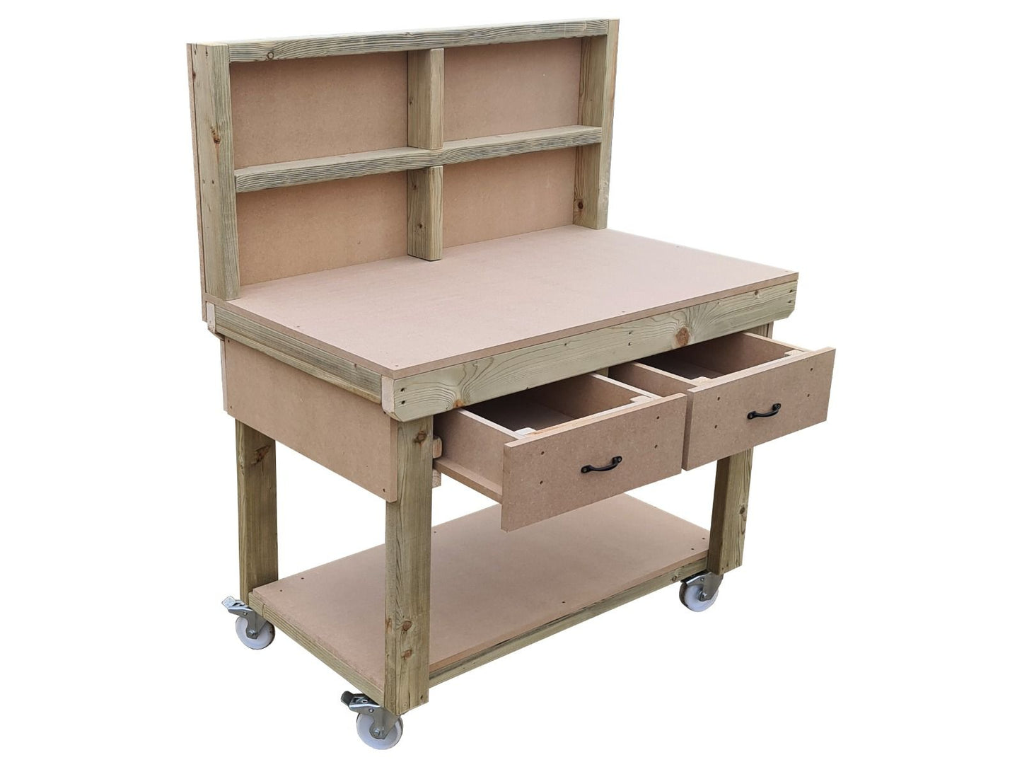 Wooden MDF  workbench, tool cabinet with drawer (V.1) with back and wheels