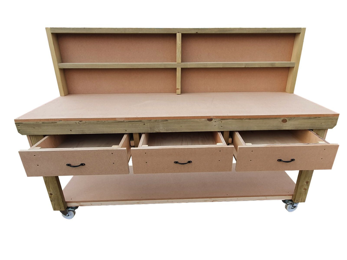 Wooden MDF  workbench, tool cabinet with drawer (V.1) with back and wheels