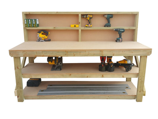 Wooden MDF top workbench with back panel and double shelf
