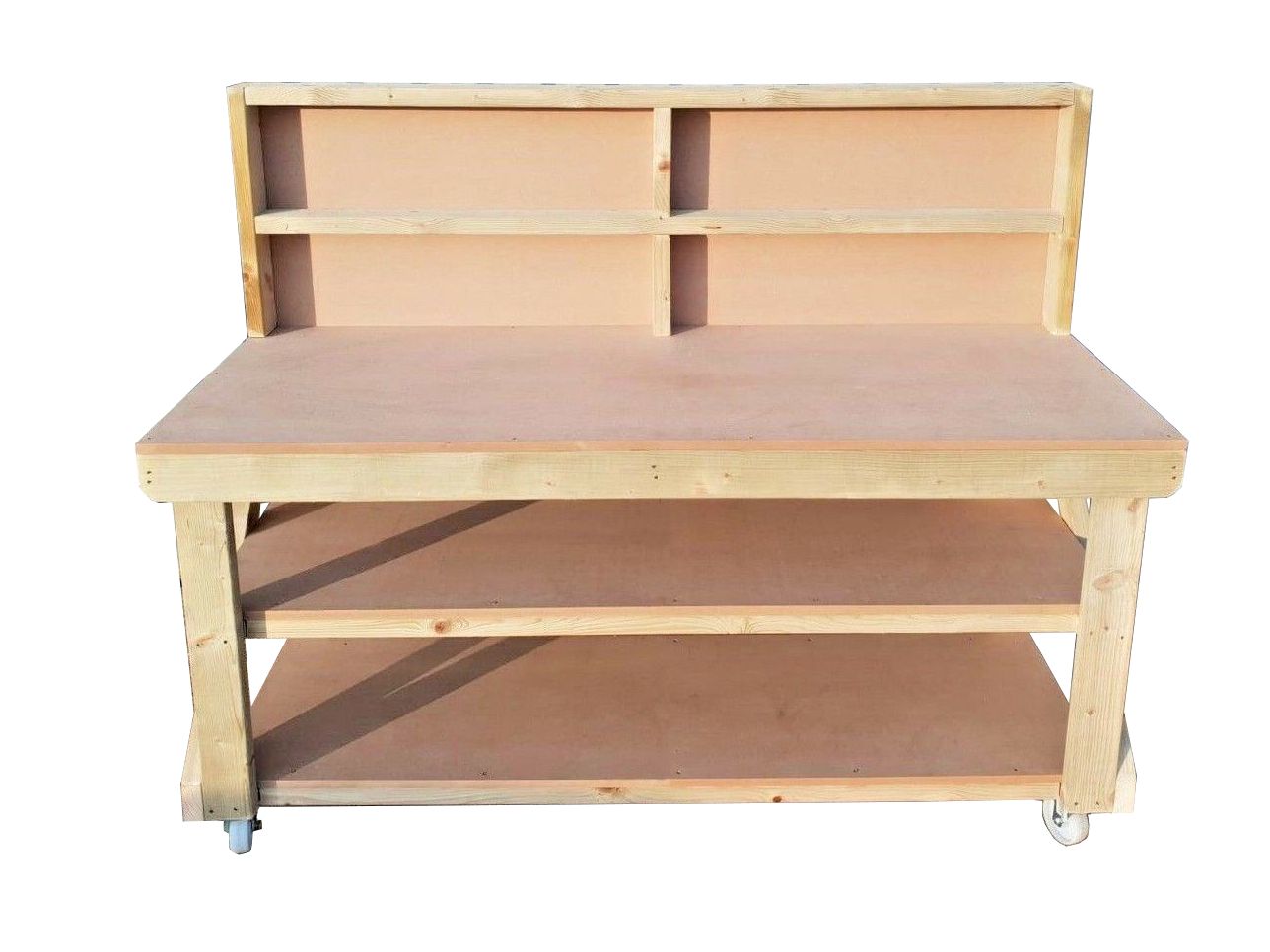 Wooden MDF top workbench with back panel, double shelf and wheels