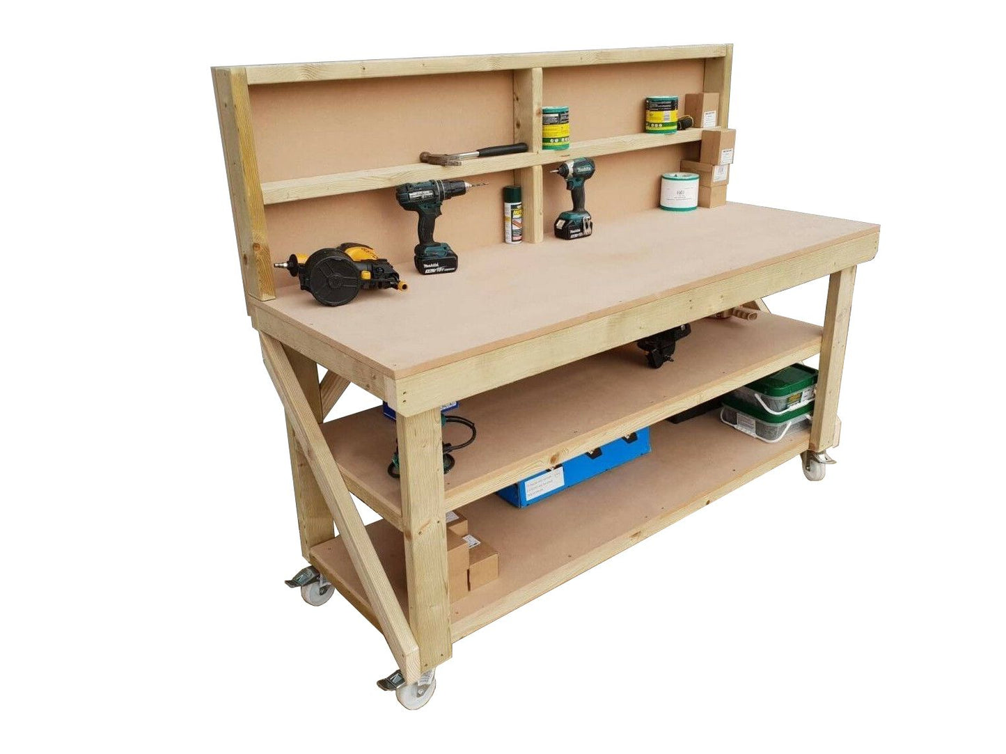 Wooden MDF top workbench with back panel, double shelf and wheels