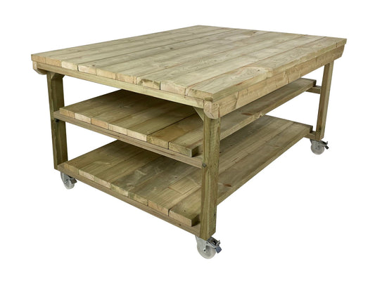 Wooden Super Heavy Duty Indoor/Outdoor Workbench 4ft-Depth Double Shelf and Wheels