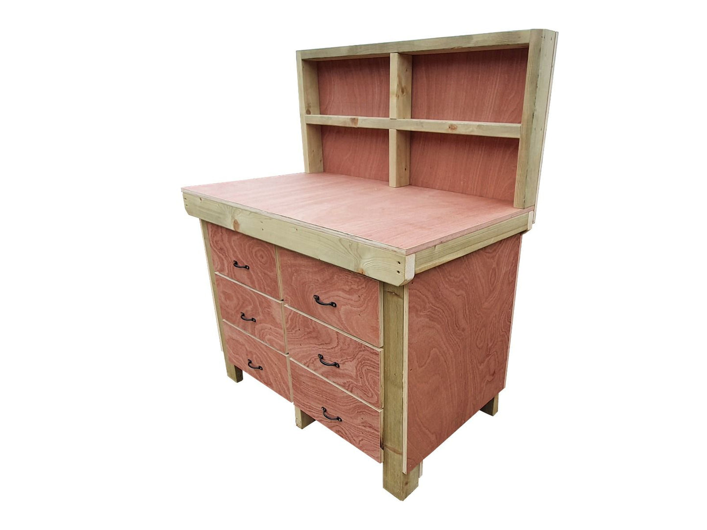 Wooden Eucalyptus Hardwood Top Workbench, Tool Cabinet With Drawers (V.2) With Back Panel