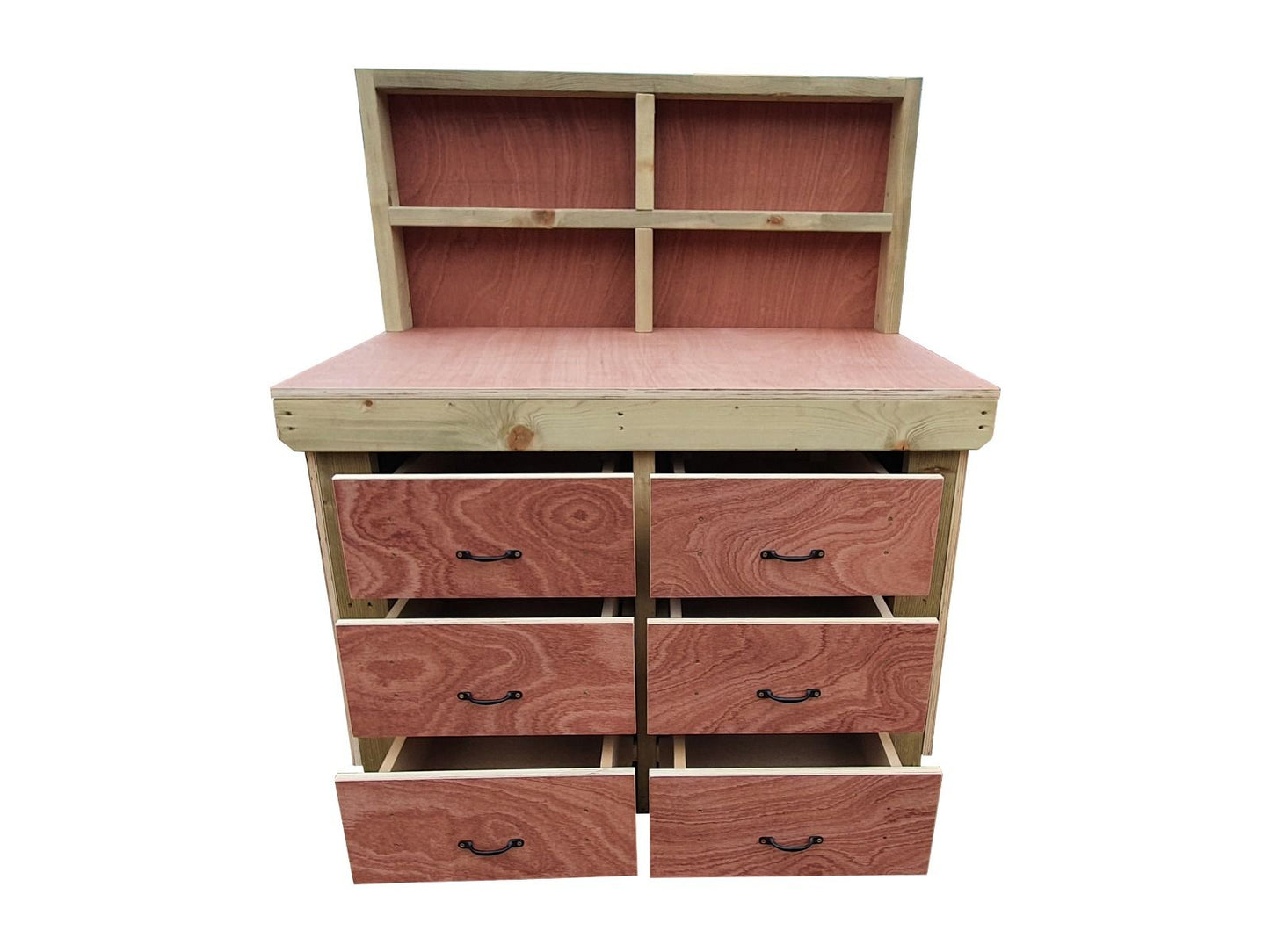 Wooden Eucalyptus Hardwood Top Workbench, Tool Cabinet With Drawers (V.2) With Back Panel