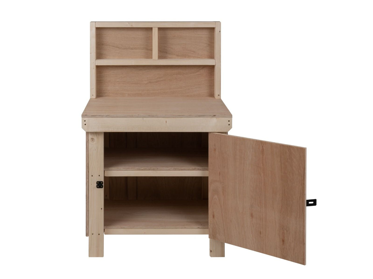 Wooden Eucalyptus hardwood top workbench with lockable cupboard (V.9) with back panel and double shelf