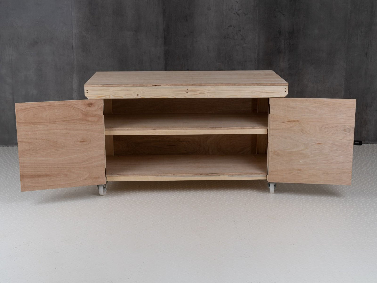 Wooden Eucalyptus hardwood top workbench with lockable cupboard (V.9) double shelf and wheels
