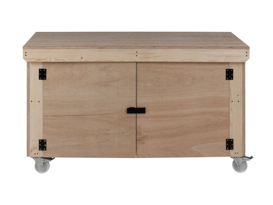 Wooden Eucalyptus hardwood top workbench with lockable cupboard (V.9) double shelf and wheels
