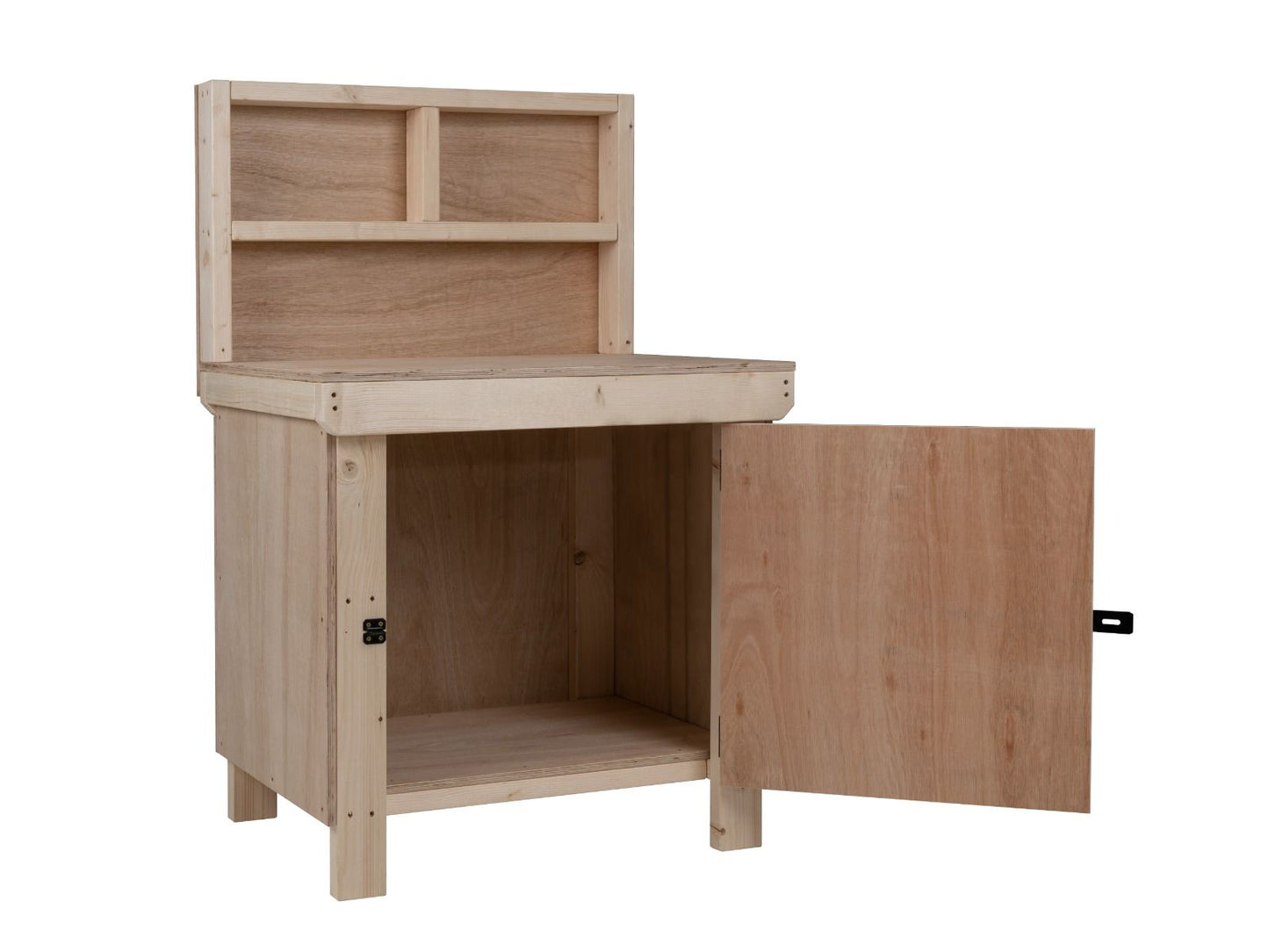 Wooden Eucalyptus hardwood top workbench with lockable cupboard (V.9) with back panel