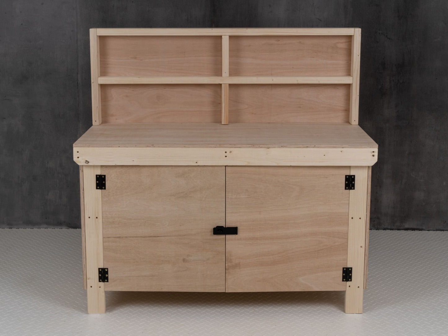 Wooden Eucalyptus hardwood top workbench with lockable cupboard (V.9) with back panel