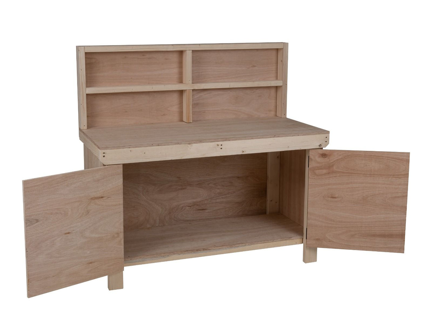 Wooden Eucalyptus hardwood top workbench with lockable cupboard (V.9) with back panel