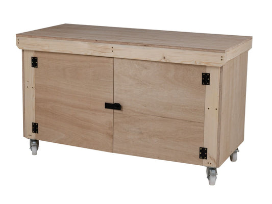Wooden Eucalyptus hardwood top workbench with lockable cupboard (V.9) with wheels
