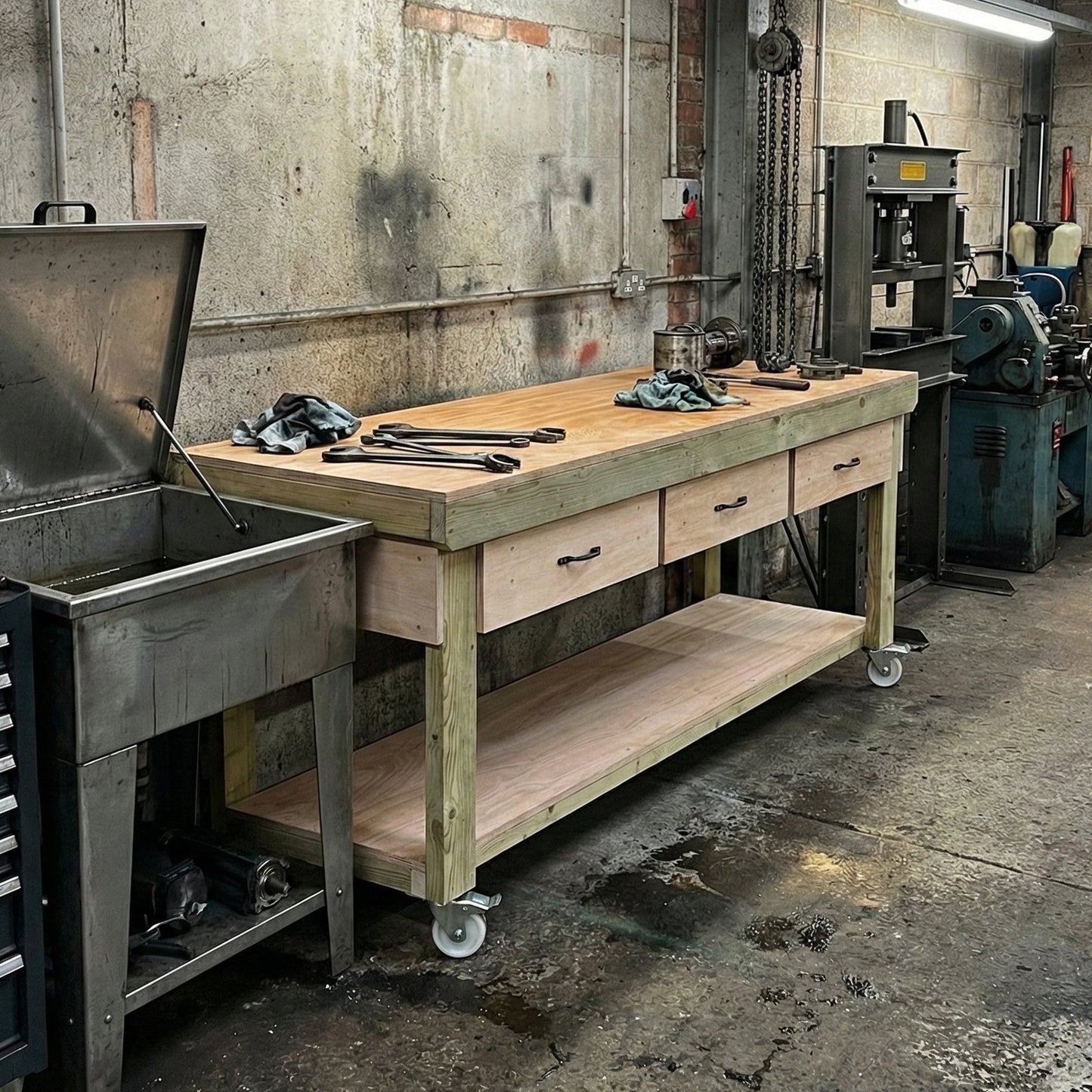 Wooden Eucalyptus hardwood workbench, tool cabinet with drawer (V.1) with wheels