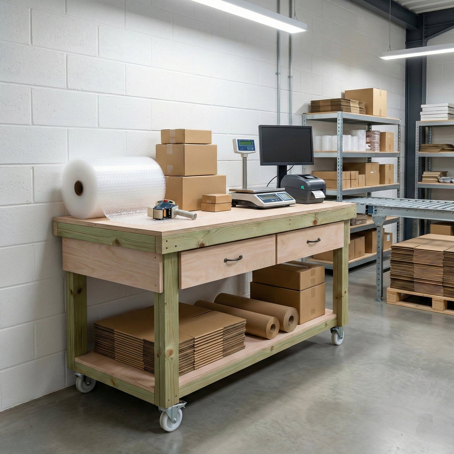 Wooden Eucalyptus hardwood workbench, tool cabinet with drawer (V.1) with wheels