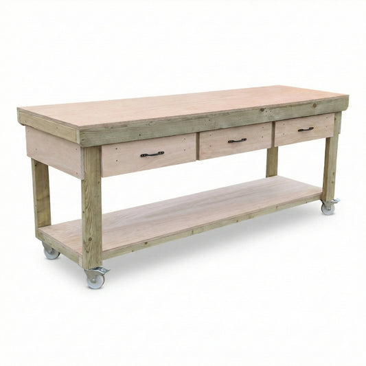 Wooden Eucalyptus hardwood workbench, tool cabinet with drawer (V.1) with wheels