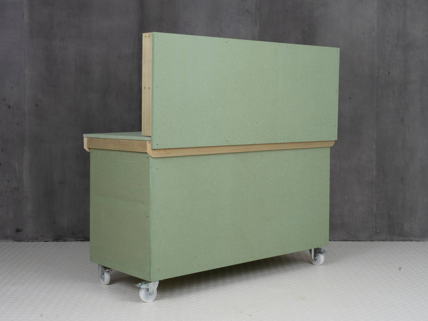 Wooden UniMDF Moisture Resistant Workbench With Lockable Cupboard (V.9) With Back panel, Wheels