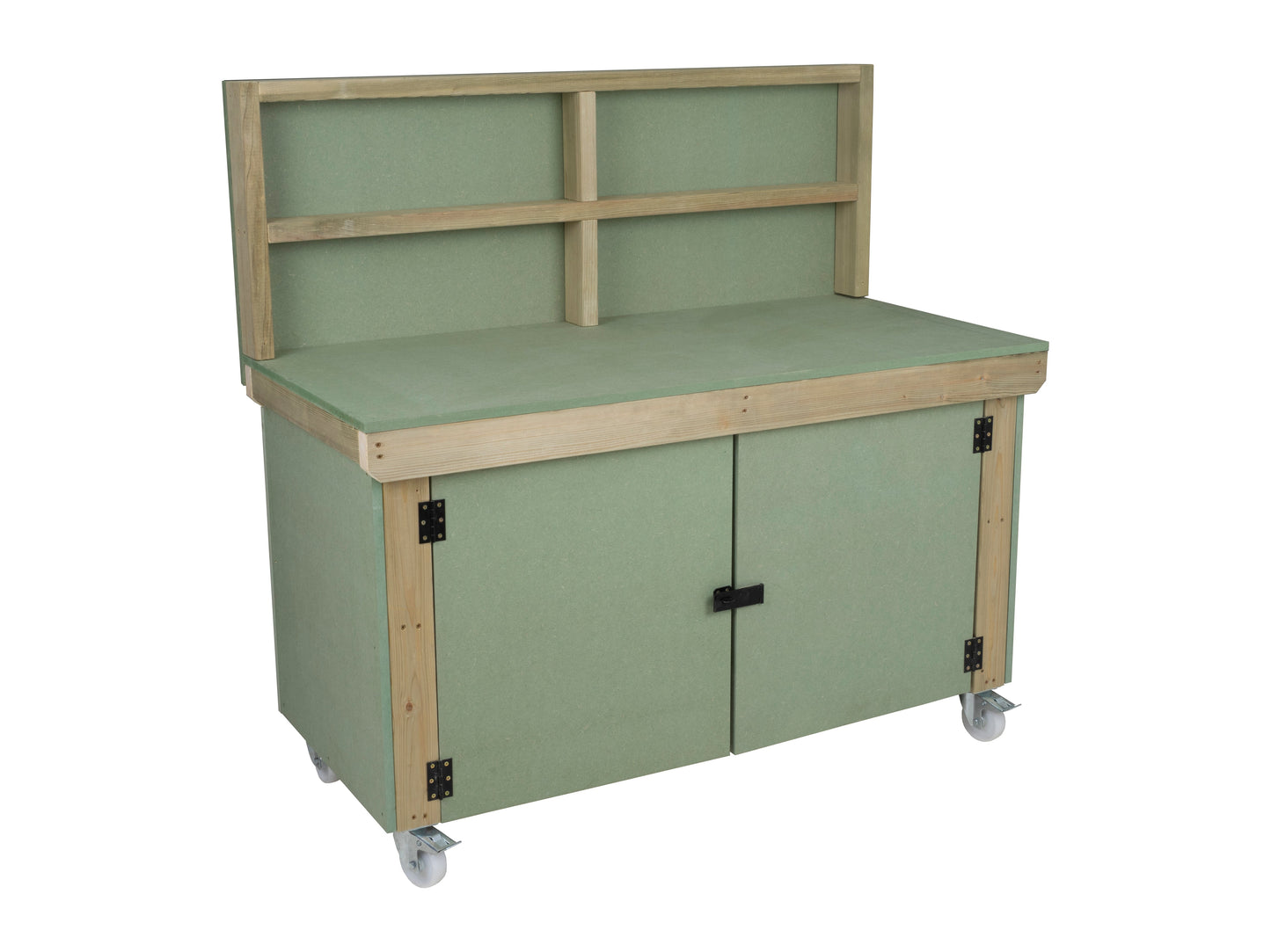 Wooden UniMDF Moisture Resistant Workbench With Lockable Cupboard (V.9) With Back panel, Wheels