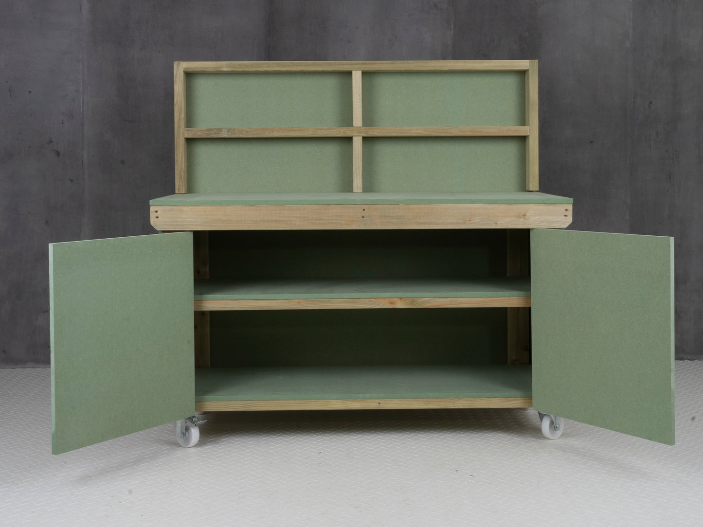 Wooden UniMDF Moisture Resistant Workbench With Lockable Cupboard (V.9) With Back panel, Wheels, Double shelf
