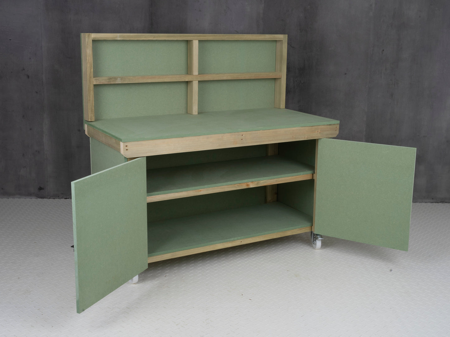 Wooden UniMDF Moisture Resistant Workbench With Lockable Cupboard (V.9) With Back panel, Wheels, Double shelf