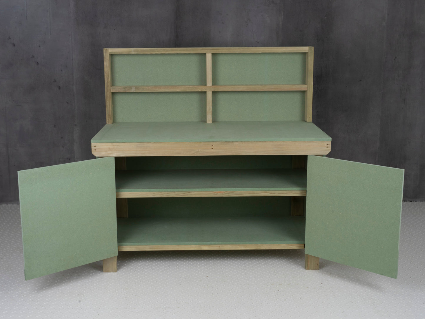 Wooden UniMDF Moisture Resistant Workbench With Lockable Cupboard (V.9) With Back panel, Double shelf