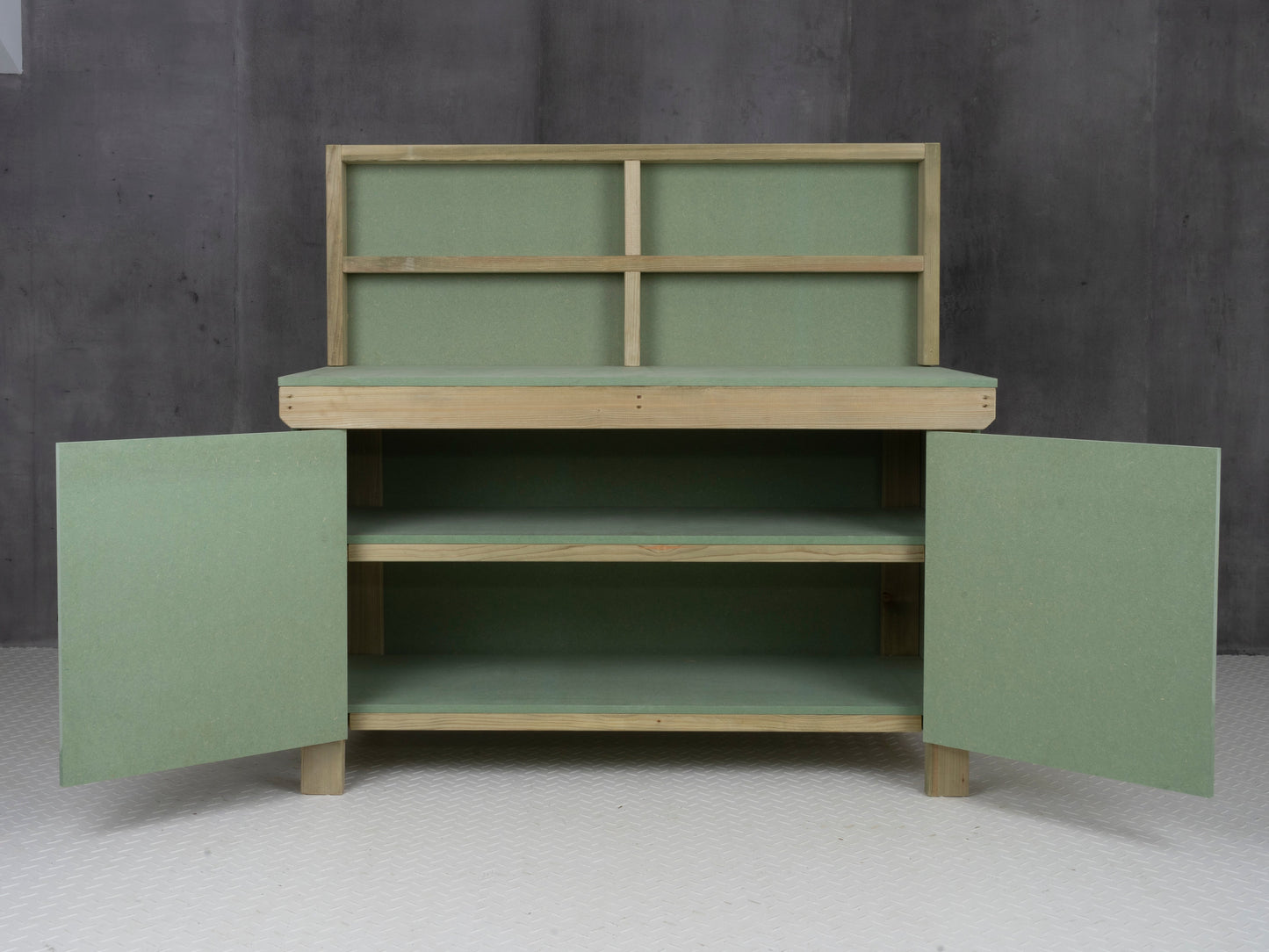 Wooden UniMDF Moisture Resistant Workbench With Lockable Cupboard (V.9) With Back panel, Double shelf