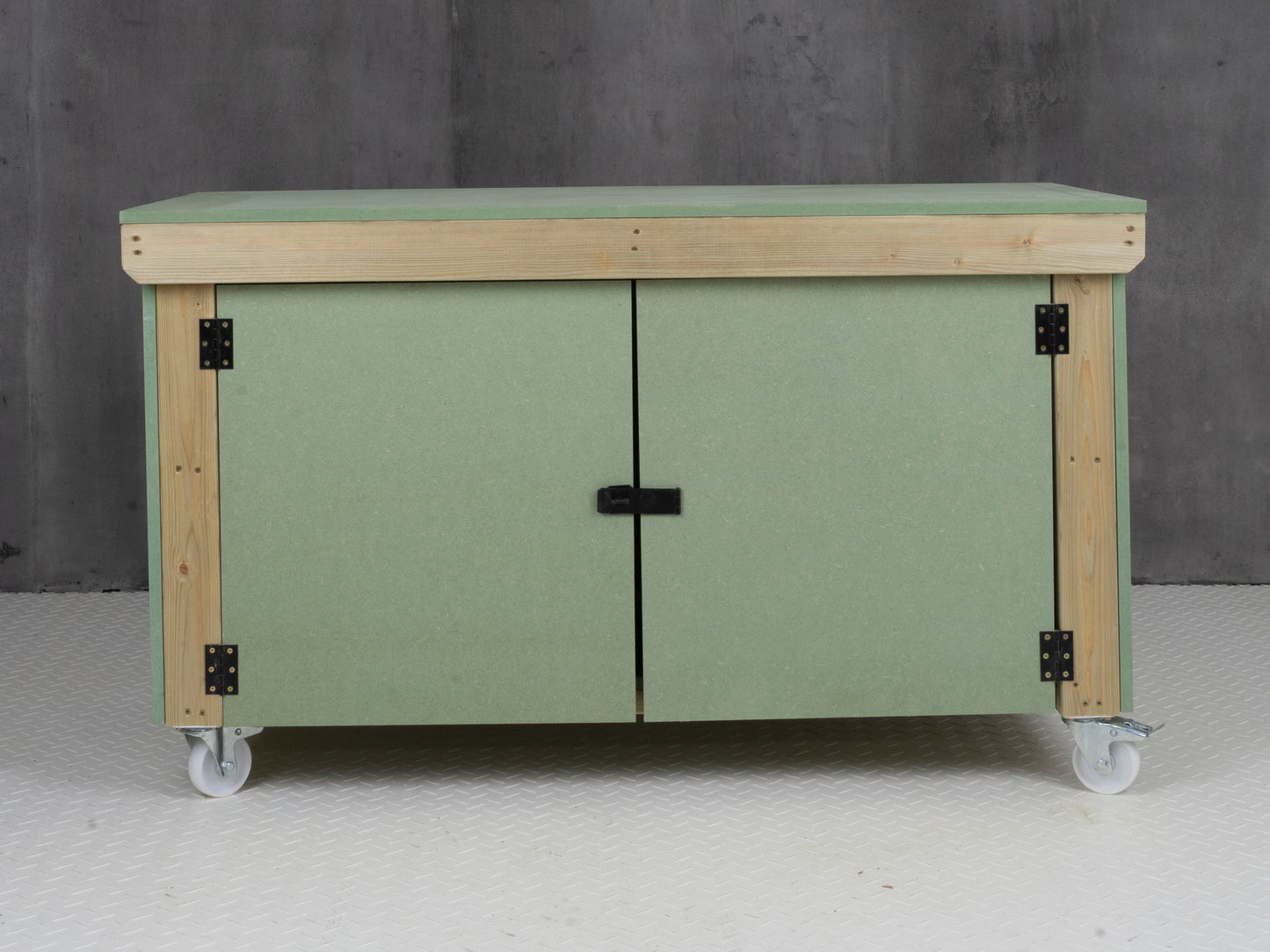 Wooden UniMDF Moisture Resistant Workbench With Lockable Cupboard (V.9) With Wheels