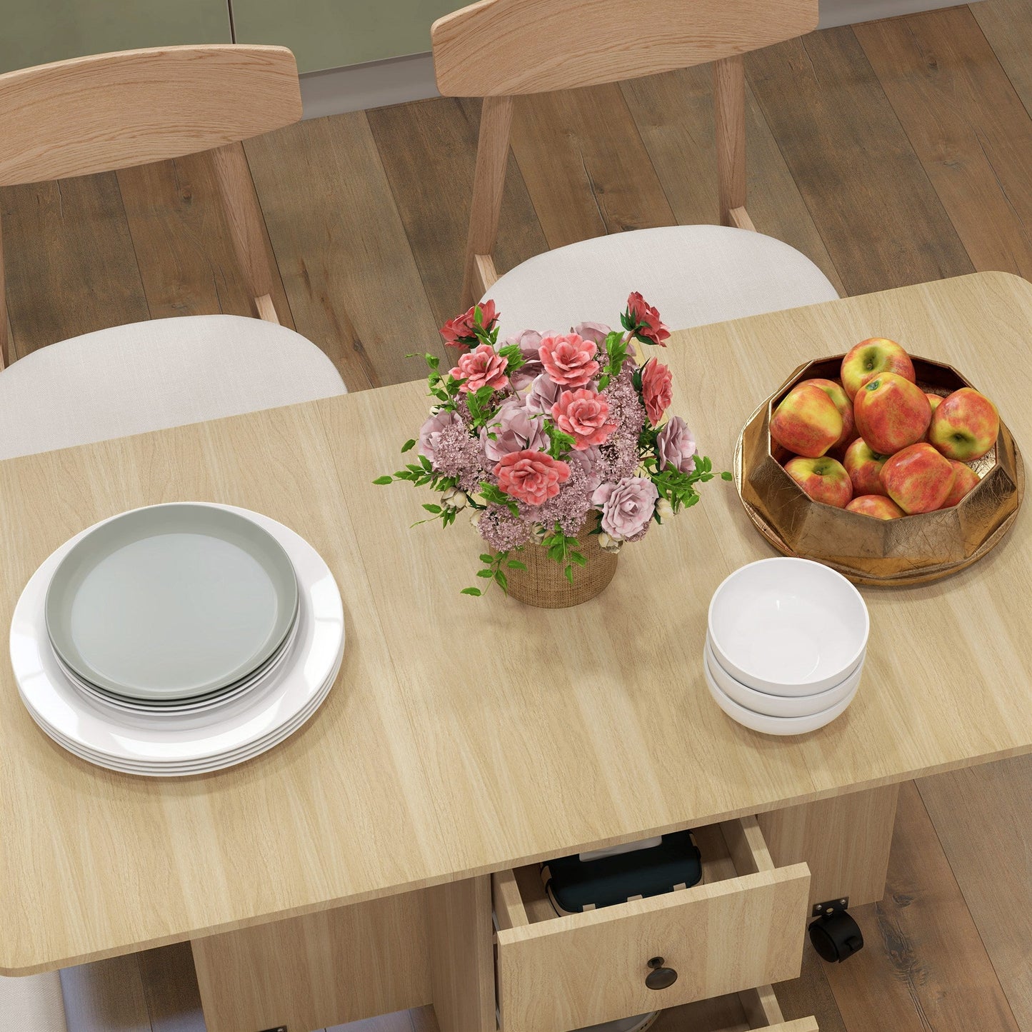 HOMCOM Six-Person Drop Leaf Dining Table, with Storage - Wood-Effect