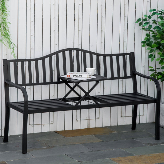 Outsunny Metal Outdoor Bench with Liftable Middle Table, Patio Loveseat, Garden Bench for Garden, Porch, Seats 2–3 People, Black