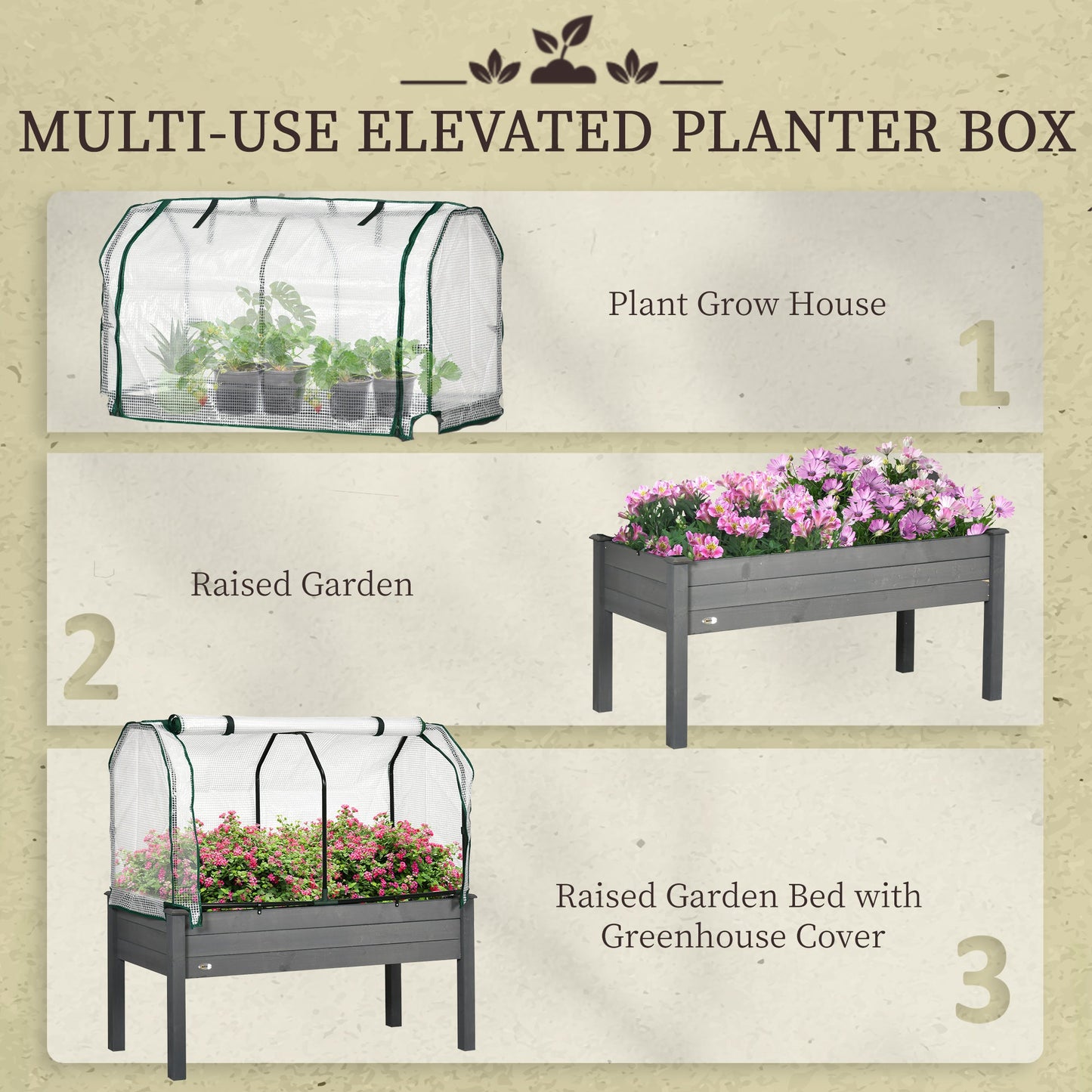 Outsunny Raised Garden Bed Outdoor Elevated Wood Planter Box w/ PE Cover, Dark Grey