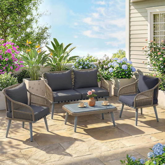Outsunny 4 Piece Rattan Garden Furniture Set with Loveseat, Armchairs, Wood Table, Wicker Patio Conversation Set, Grey