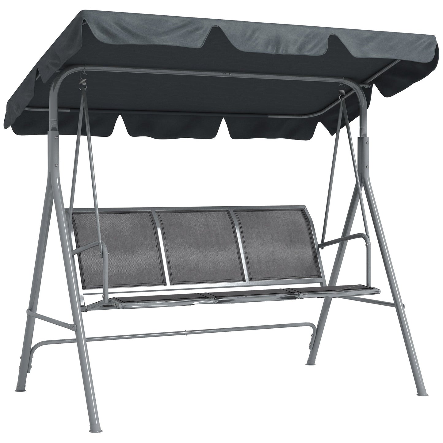 Outsunny 3 Seater Swing Chair, Garden Swing Bench with Adjustable Tilting Canopy, Breathable Mesh Seat and Heavy Duty Metal Frame for Patio, Garden, Dark Grey