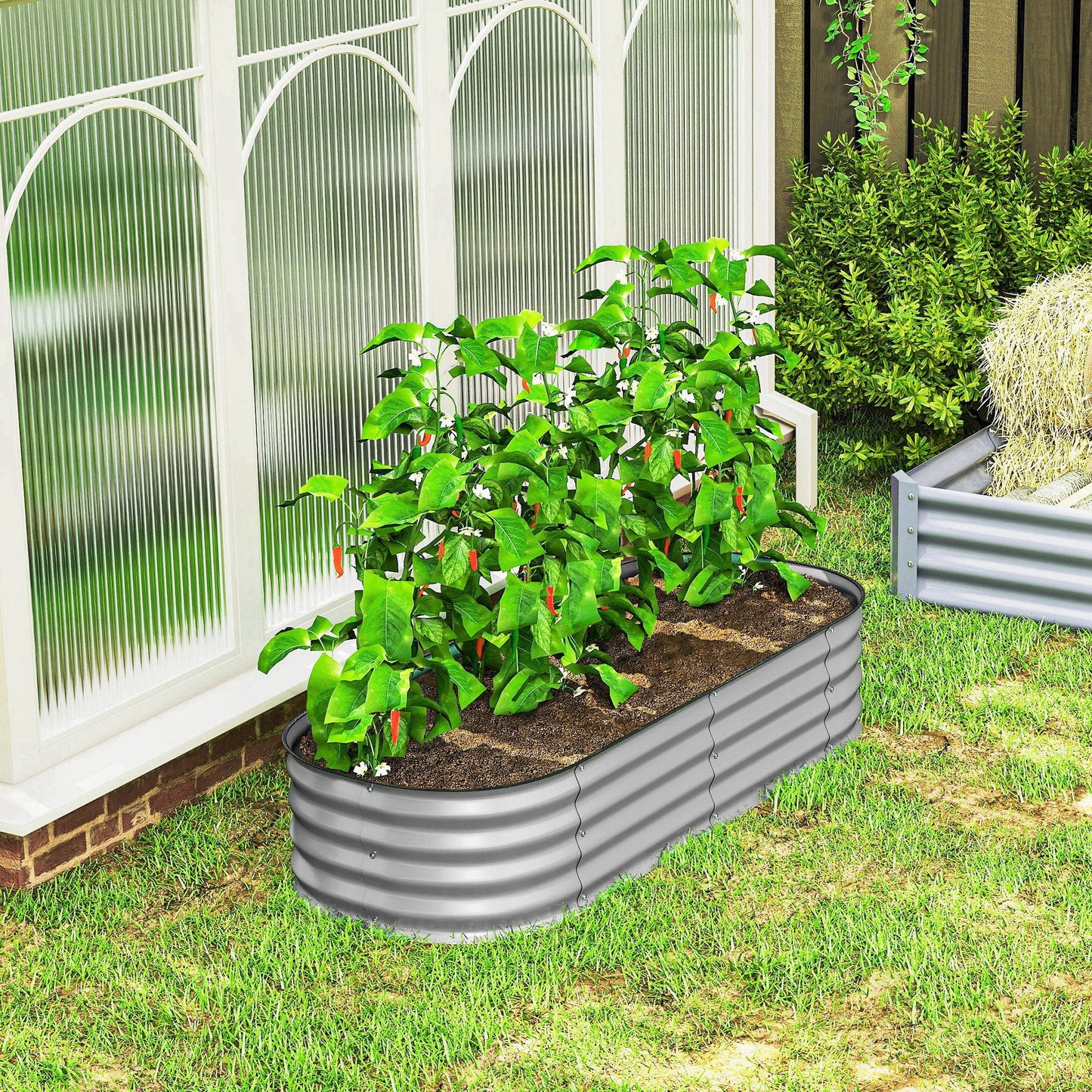 Outsunny Galvanised Raised Garden Bed, Metal Planter Box with Safety Edging, for Flowers, Herbs, Succulents, Silver