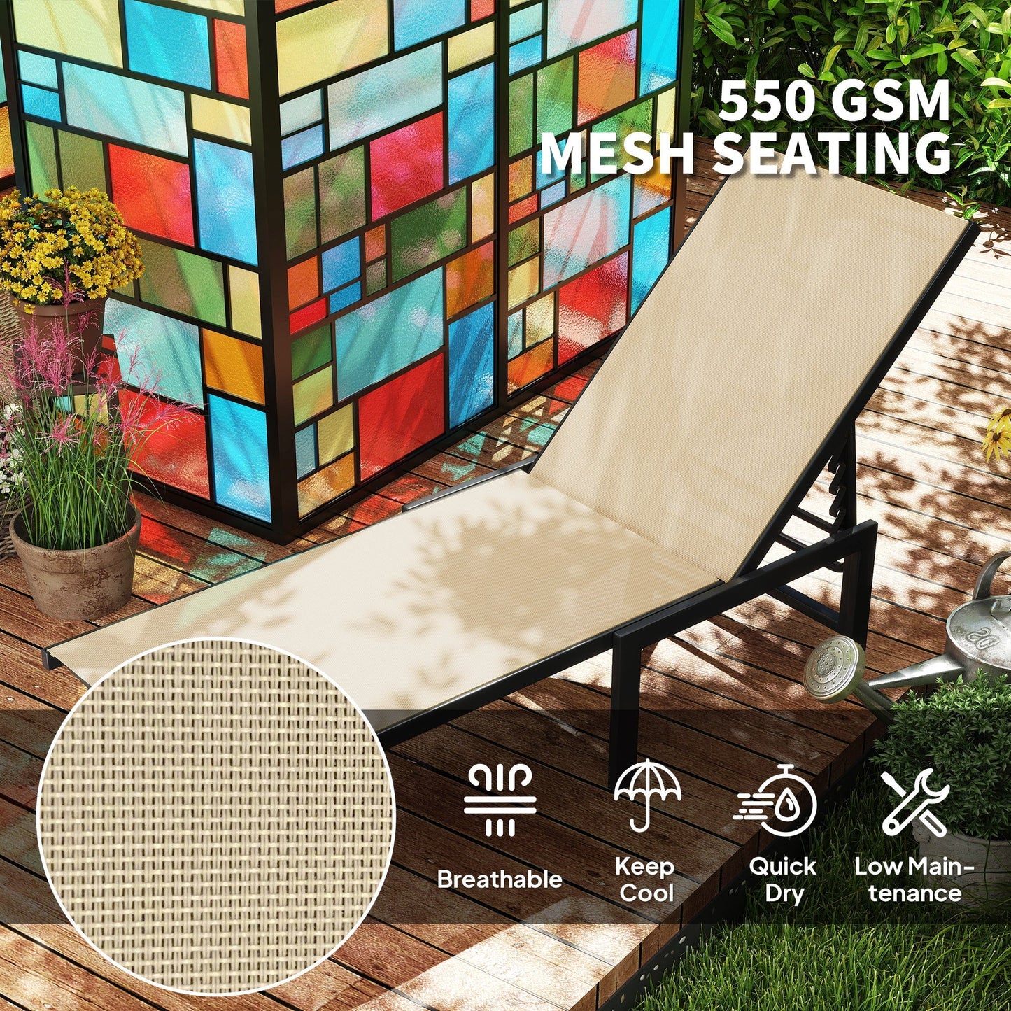 Outsunny Sun Lounger for Garden, 5-Level Adjustable Reclining Sun Lounger Chair, Flat Garden Lounger Sunbed with Texteline Seat, Steel Frame for Patio, Beach, Khaki