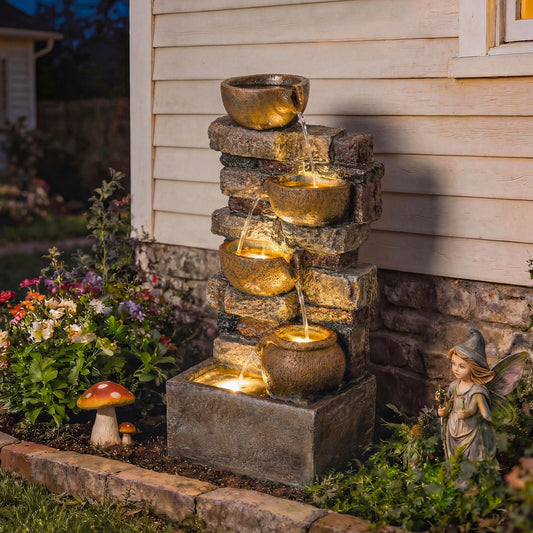 Outsunny 28" 5-Tier Outdoor Fountain, Cascading Waterfall Feature with LED Lights, Adjustable Flow, Rustic Brown