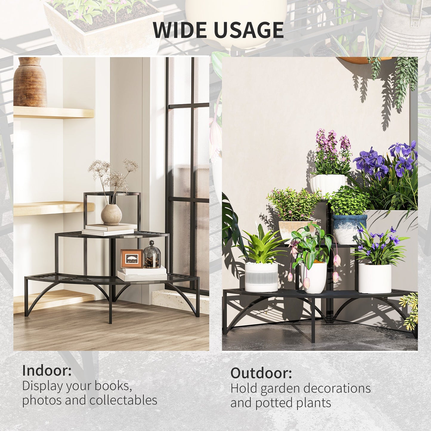 Outsunny Three-Tier Corner Metal Plants Shelves - Black