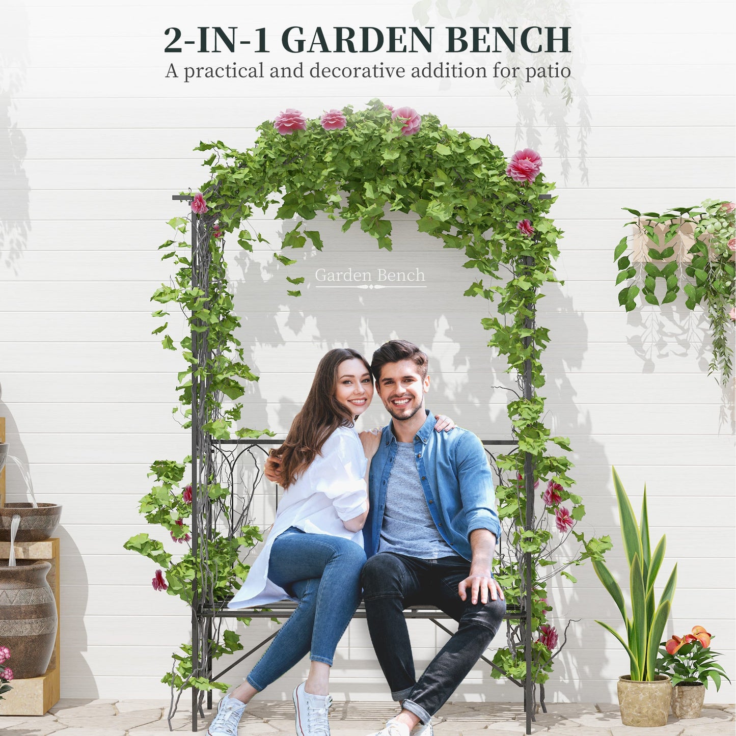 Outsunny Garden Metal Frame Bench W/Arch for Various Climbing Plant, 115Lx50Wx203H cm-Black