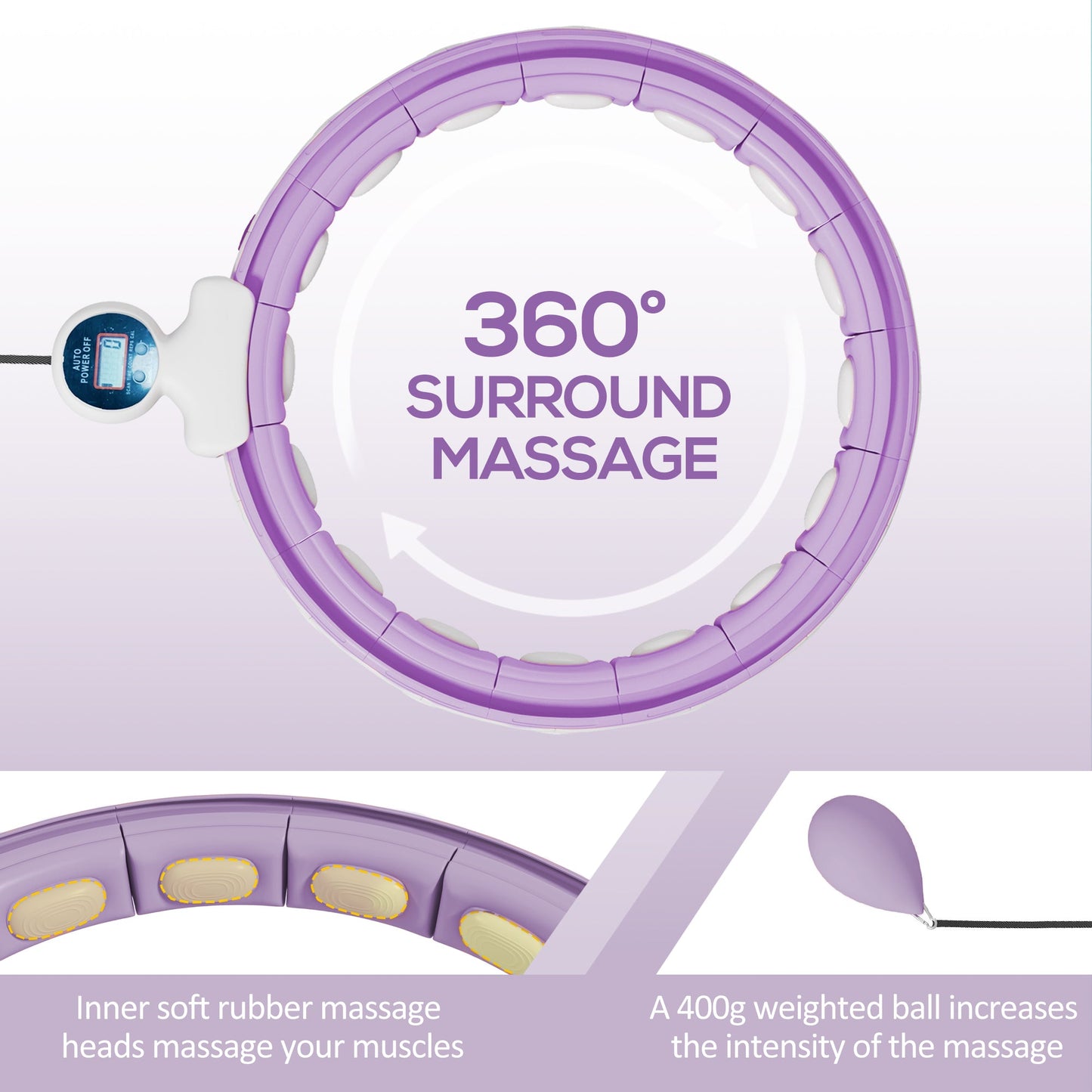 SPORTNOW Smart Weighted Hula Hoop, Massage Hula Ring w/ 16 Detachable Knots, 360° Auto-Rotating Ball, Digital Counter, Purple