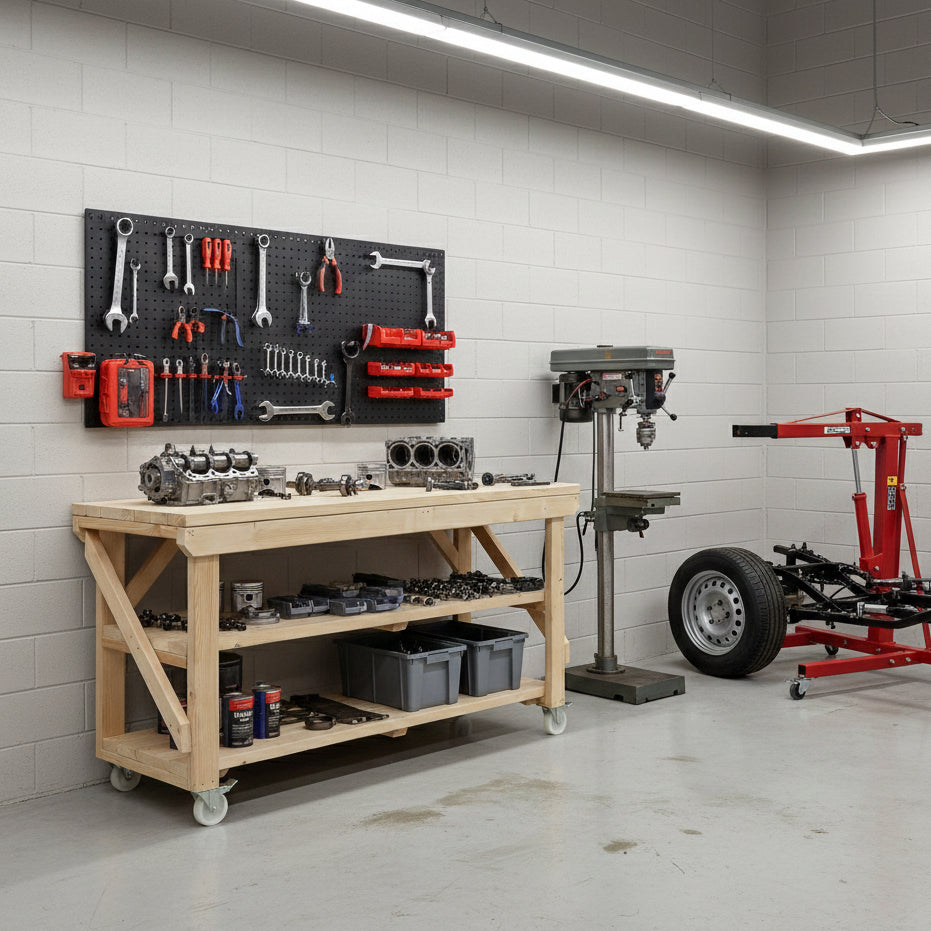 Acorn Wooden Workbench With Double Shelf and Wheels