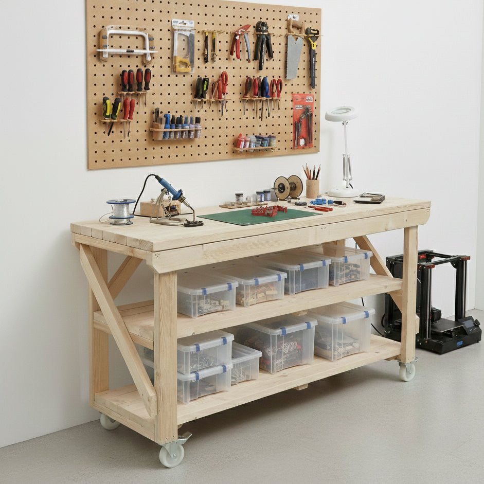 Acorn Wooden Workbench With Double Shelf and Wheels