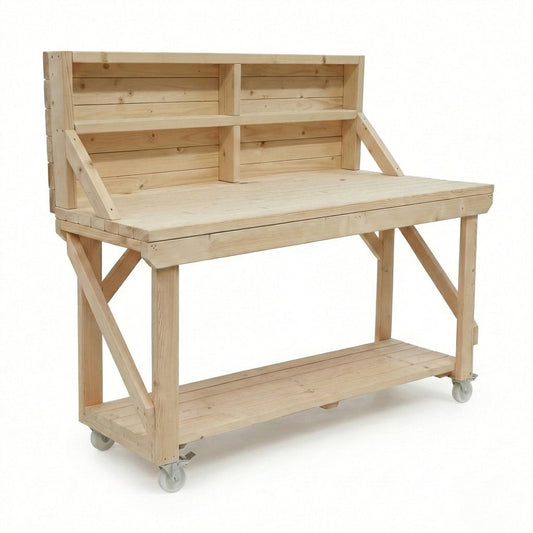Acorn Wooden Workbench With Back Panel and Wheels
