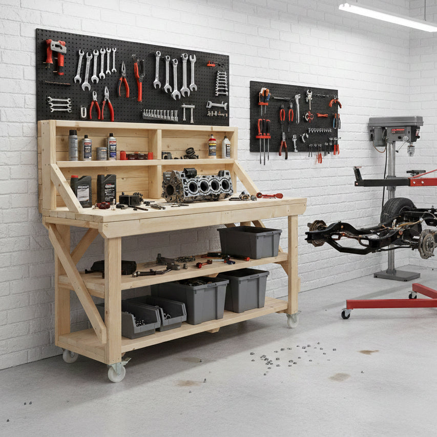Acorn Wooden Workbench With Back Panel, Double Shelf and Wheels