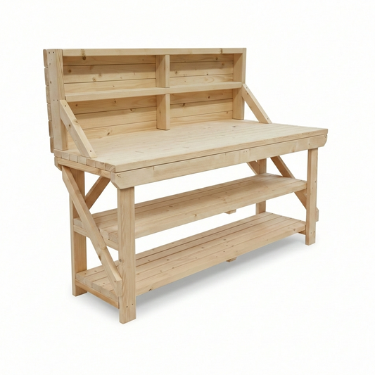 Acorn Wooden Workbench With Back Panel and Double Shelf